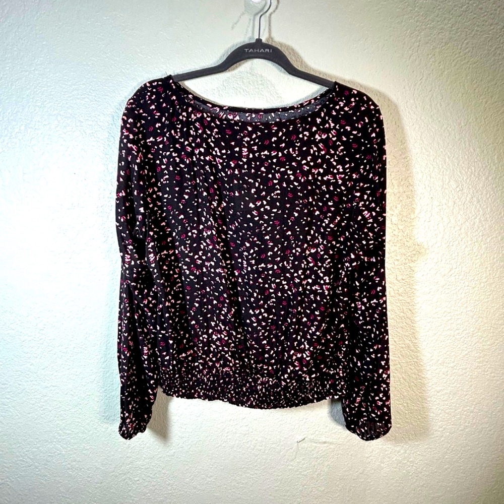 Torrid Pink and Black Long Sleeve Sheer Dressy Blouse w/ gathered front Size 00